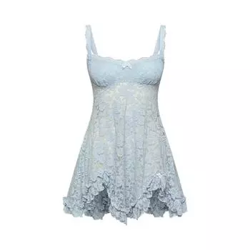 Женские сексуальные модные универсальные кружевные бюстье с бретельками через шею, прозрачные однотонные короткие платья с неровным подолом S синий