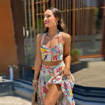 Женские сексуальные напечатанные юбки-халтер, летние костюмы без рукавов, укороченный топ с открытой спиной, однобортные юбки с разрезом, комплекты из двух частей M