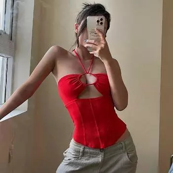 Женские сексуальные наряды с открытой спиной, топ без рукавов с завязками, укороченный топ без бретелек с вырезами, элегантные летние укороченные топы с лямкой на шее Y2K S белый