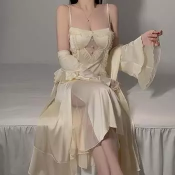 Женские сексуальные ночные рубашки с сетчатой перспективой, открытая спина, ночные рубашки с подтяжками, воротник-лист лотоса, завязка, удобная одежда для отдыха one size