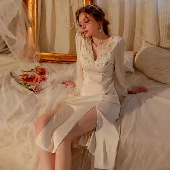 Женские сексуальные ночные рубашки с вышитыми цветами, глубокий V-образный вырез, длинное платье, ночные рубашки, порно, облегающие талию, высокий разрез, удобная одежда для отдыха one size