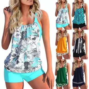 Женские сексуальные облегающие брюки с принтом, разделенные плоские углы, большие размеры, купальники (Набор из двух частей) M зелёный