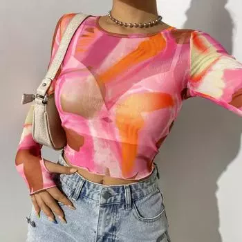 Женские сексуальные облегающие футболки с круглым вырезом, прозрачные сетчатые топы, стильные топы с длинными рукавами и принтом тай-дай, шикарные, подходят для повседневного гардероба, SML M синий