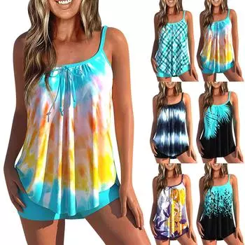 Женские сексуальные облегающие шорты-боксеры с принтом на бретельках, бикини больших размеров, купальник (Два куска) L чёрный