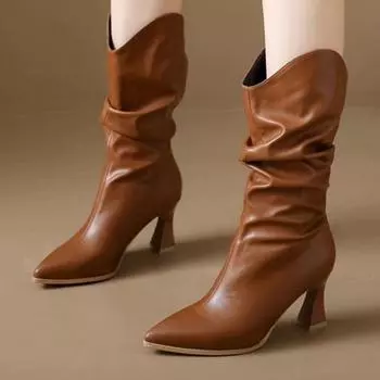 Женские сексуальные одинарные сапоги, кожаные сапоги со складками, высокие каблуки 35 чёрный
