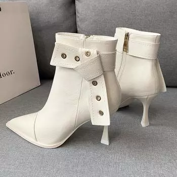 Женские сексуальные остроносые сапоги на высоком каблуке-шпильке, осень 2024, новая мода, белые женские туфли, короткие ботильоны в британском стиле 34 бежевый