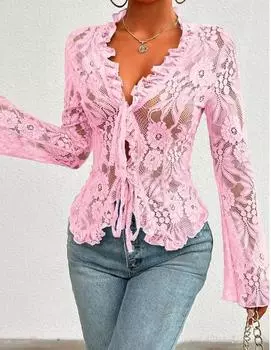 Женские сексуальные открытые передние завязки с длинными рукавами и рюшами, прозрачные кружевные укороченные топы, блузка L розовый
