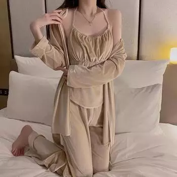 Женские сексуальные пижамы бархатная пижама с открытой спиной топ-брюки глубокий V-образный вырез завязка внешний халат удобная одежда для отдыха one size