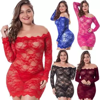 Женские сексуальные пижамы больших размеров с цветочным кружевом и открытыми плечами, прозрачное нижнее белье, платье, стринги, костюм из 2 предметов L