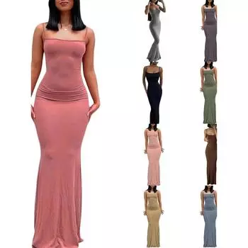 Женские сексуальные платья без рукавов, облегающее, с открытой спиной, длинное макси, чистое, тонкое, медовое, персиковое, на бедрах, вечернее платье на подтяжках XXL чёрный