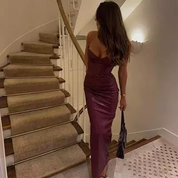 Женские сексуальные платья макси из искусственной кожи без бретелек, модные плиссированные платья без рукавов с открытыми плечами, облегающие элегантные вечерние платья S бордовый