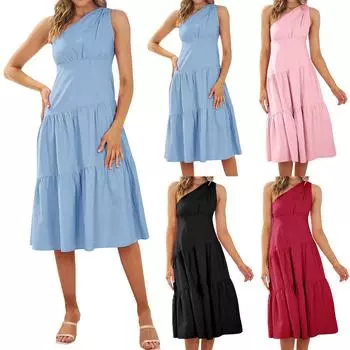 Женские сексуальные платья на одно плечо, летнее элегантное многоуровневое плиссированное сексуальное вечернее коктейльное платье без рукавов миди L чёрный