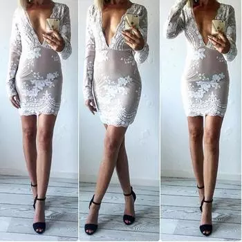 Женские сексуальные платья с глубоким V-образным вырезом и длинными рукавами с пайетками XS белый