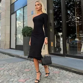Женские сексуальные платья с косым плечом и разрезом на бедрах S чёрный