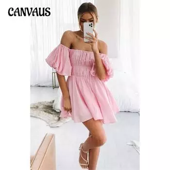 Женские сексуальные платья с одним вырезом без бретелек, рукавами-пузырями, эластичной талией, свежие, сладкие, свободные платья S розовый