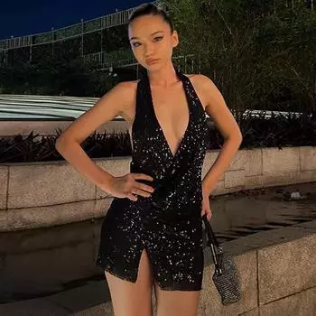 Женские сексуальные платья с открытой спиной и глубоким V-образным вырезом и блестками S чёрный