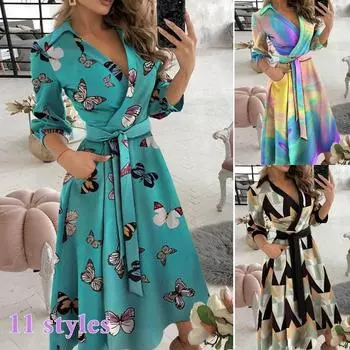 Женские сексуальные платья с v-образным вырезом, элегантное платье миди с принтом бабочки и длинным рукавом на шнуровке, новинка 2022 года, летнее офисное женское вечернее платье, Vestidos S