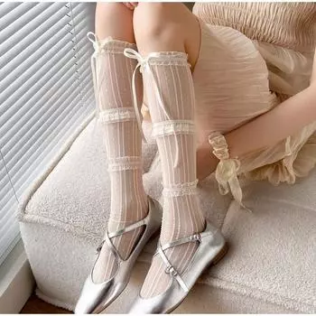 Женские сексуальные полосатые чулки с жемчужным бантом и оборками, модные длинные носки с эластичным кружевом в стиле ретро