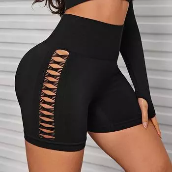 Женские сексуальные полые спортивные шорты, однотонные колготки для тренировки ягодиц, дышащие велосипедные шорты с высокой талией, спортивная одежда S чёрный