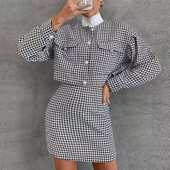 Женские сексуальные повседневные комплекты с длинными рукавами и пуговицами, пальто, блузка, короткая юбка + куртка L чёрный