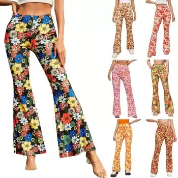 Женские сексуальные расклешенные брюки с цветочным принтом, повседневные брюки, брюки со средней талией, брюки узкого кроя L коричневый