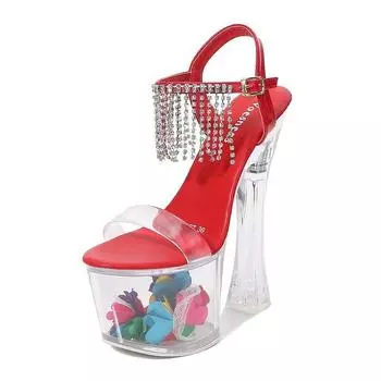 Женские сексуальные сандалии на платформе для ночного клуба со стразами и толстым каблуком с цветком и кристаллами 34 белый