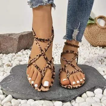 Женские сексуальные сандалии на плоской подошве с леопардовым принтом, летняя тканевая резиновая подошва, пенни-лоферы с открытым носком, удобная повседневная летняя обувь, без высокого каблука 36 леопардовый