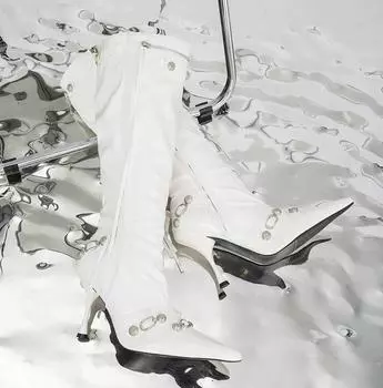 Женские сексуальные сапоги с острым носком на высоком каблуке, осенние новые модные туфли на шпильках, дизайнерские сапоги до колена, туфли-лодочки 35 белый
