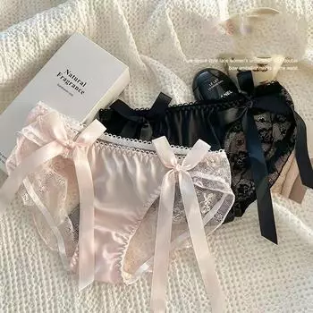 Женские сексуальные сетчатые трусики со средней талией, бесшовное кружевное нижнее белье, трусы в японском стиле, нижнее белье для молодых девушек, нижнее белье с розовым бантом M чёрный