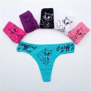 Женские сексуальные стринги, хлопковые стринги с рисунком котенка, нижнее белье с Т-образной спинкой, трусики Kawaii Cat, 6 шт./компл. M