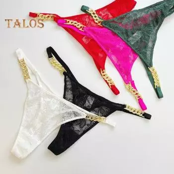 Женские сексуальные стринги с цепочкой и стразами, ажурные кружевные сетчатые тонкие мягкие эластичные трусы со средней талией и вышивкой, антисептические дышащие женские трусы M