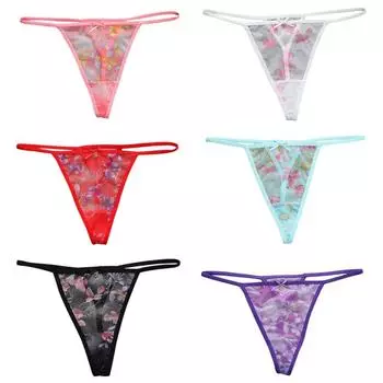 Женские сексуальные стринги с низкой посадкой, однотонные сетчатые полупрозрачные трусы с цветочной вышивкой, легкие дышащие хлопковые стринги с промежностью L
