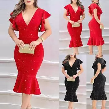 Женские сексуальные свободные блестящие вечерние платья с v-образным вырезом и цветочными рукавами, блестящие платья-русалка XL чёрный