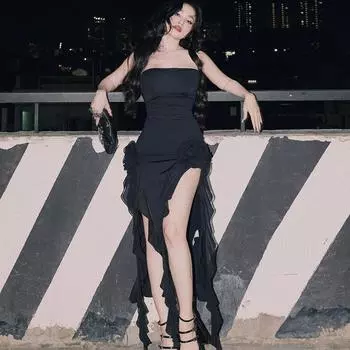 Женские сексуальные темпераментные кружевные платья миди без ножек с запахом и разрезом S белый