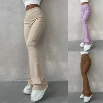 Женские сексуальные тонкие брюки с высокой талией, однотонные брюки в рубчик, расклешенные брюки с длинными ногами, универсальные спортивные длинные брюки XXS чёрный