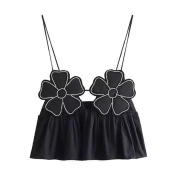 Женские сексуальные топы на бретельках, летние, черные, с глянцевым цветочным узором, украшенные стразами, на тонких бретельках для отдыха и работы XS белый