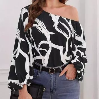 Женские сексуальные топы с разрезным вырезом, осень 2023, модная блузка с принтом, повседневная свободная рубашка с длинными рукавами-фонариками, одежда Blusas 29696 S чёрный