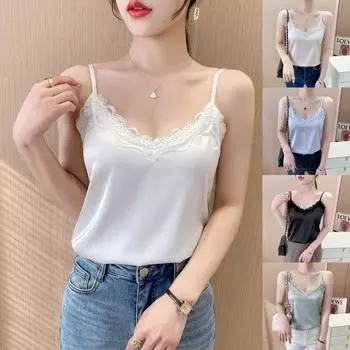 Женские сексуальные топы с V-образным вырезом, кружевные повседневные рубашки без рукавов с бретельками, топы M белый