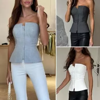 Женские сексуальные топы-трубы бандо, топы без рукавов с планкой на молнии, облегающие однотонные вечерние топы, уличная одежда S белый