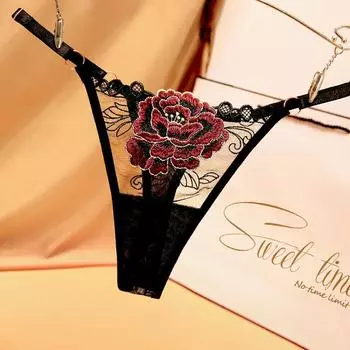 Женские сексуальные трусики с низкой талией, регулируемое нижнее белье, стринги, женское дышащее белье, искушение, роза, элемент вышивки, нижнее белье One Size чёрный