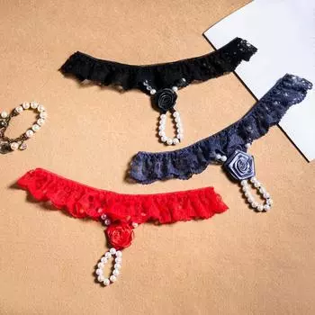 Женские сексуальные трусики с жемчугом и бисером, эротические стринги с низкой талией, дышащее сплошное цветное кружево розового цвета One size