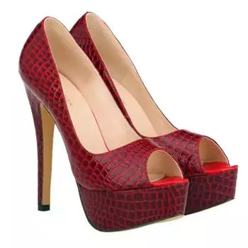 Женские сексуальные туфли-лодочки с открытым носком на платформе и высоком каблуке, новые 14 см, с крокодиловым узором, для вечернего платья, для работы, для женщин, красные свадебные туфли 35 красный