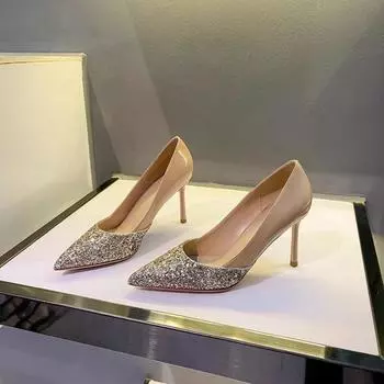 Женские сексуальные туфли на высоком каблуке с острым носком, телесного цвета, каблук 6 см и 9 см, вечерние туфли на каблуке с блестящими пайетками, женские туфли для свадебного банкета 34