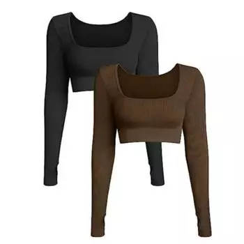 Женские сексуальные укороченные топы с U-образным вырезом и длинным рукавом, тонкая футболка, сплошной цвет, мягкие эластичные базовые рубашки, повседневная одежда, осенняя одежда, женские модные топы S кофейный