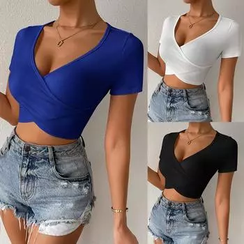 Женские сексуальные укороченные топы с v-образным вырезом и короткими рукавами, летняя женская футболка, блузка