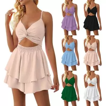 Женские сексуальные V-образные двухслойные цельнокроеные брюки с оборками по низу L бежевый