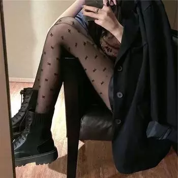 Женские сексуальные винтажные искусственные чулки с бантом и принтом, тонкие сетчатые колготки one size чёрный