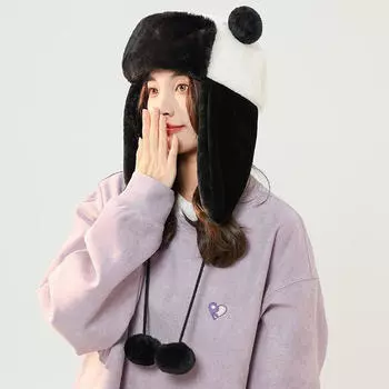 Женские шапки-бини осень-зима с ушами и помпонами для улицы, теплые шапки для катания на лыжах и снегу, шапка Lei Feng One Size черный белый