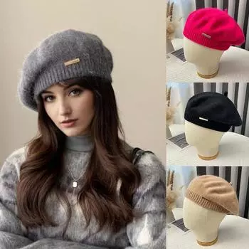 Женские шапки для девочек, зимние теплые шерстяные шапки, утолщенные шапочки-бини, милые вязаные шапки, декоративные модные аксессуары синий