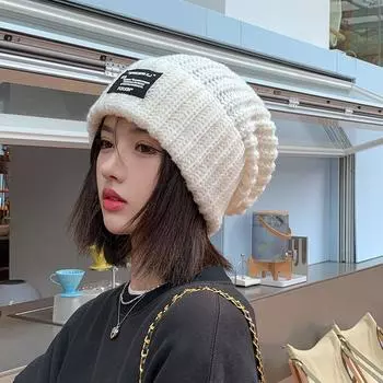 Женские шапки и кепки Осень-зима Большая вязаная шерстяная шапка-повязка Повседневная универсальная холодная теплая защита ушей Сложенная кепка One Size чёрный